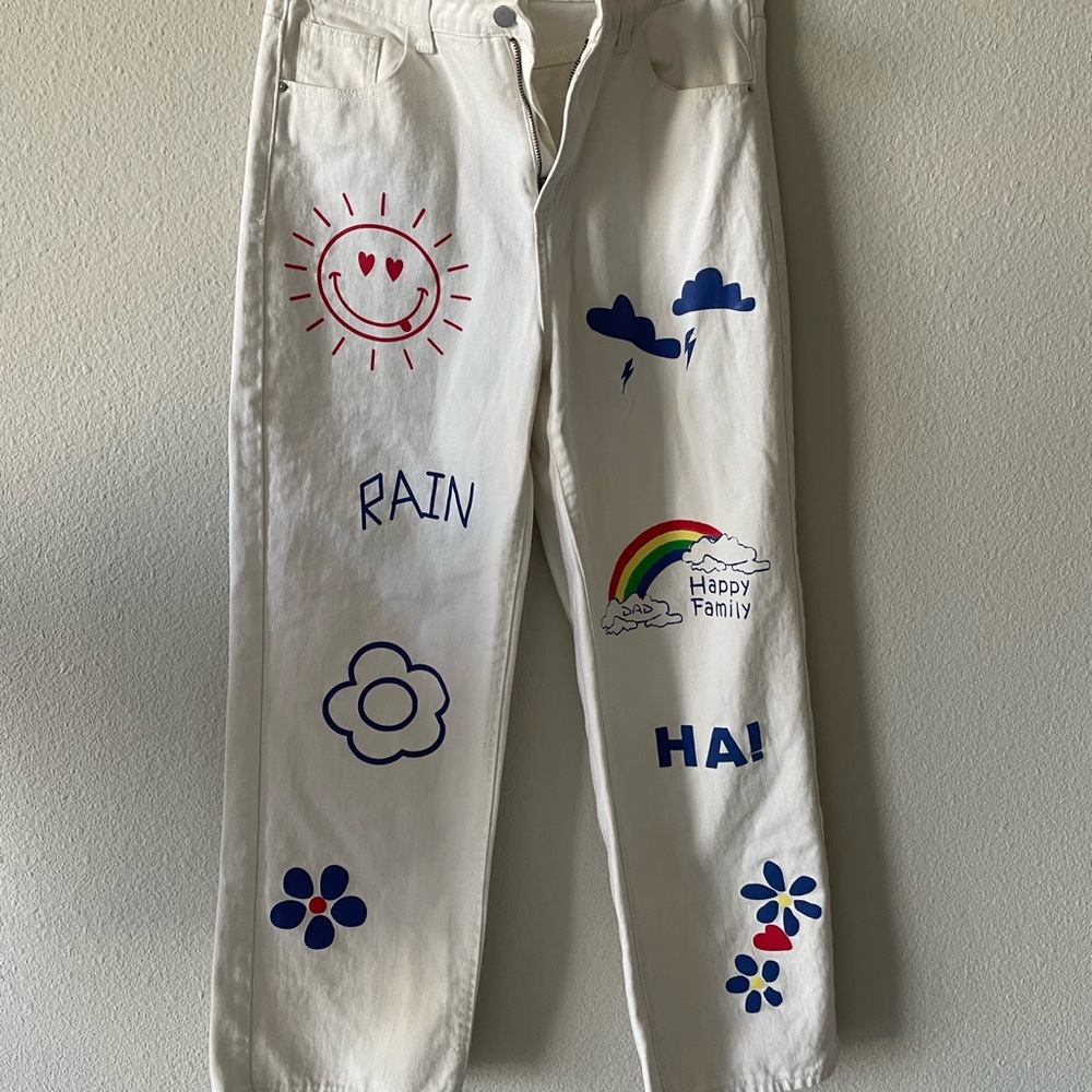 SHEIN White Graphic Jeans with Colorful Designs